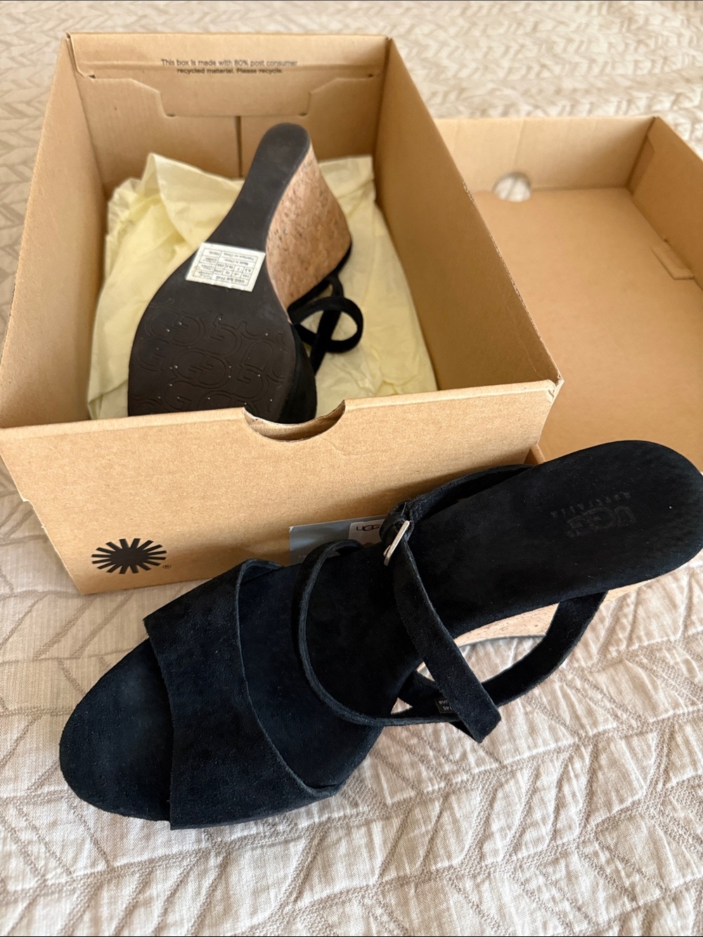 UGG Black Suede Wedge Sandals with Cork Wedge